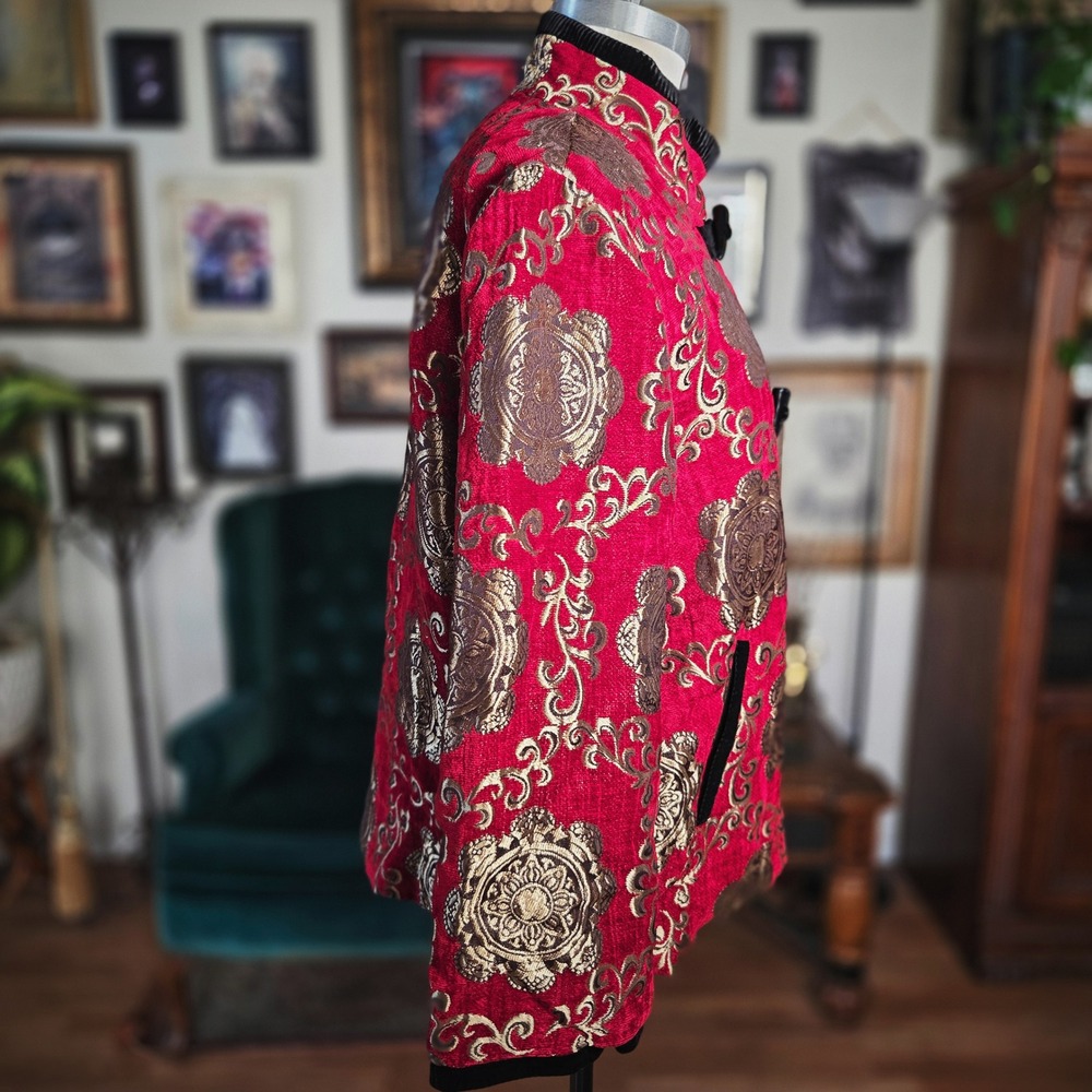 Qingguonushen Red Gold Brocade Jacket Vintage Style Frog Closure Quilted Coat XL - Picture 3 of 6
